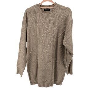 ChicMe Women Tan Beige Diamond Cable Knit Oversized Tunic Sweater Crew Neck M